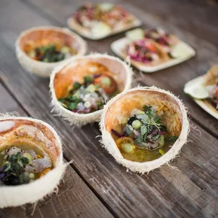 Gorgeous ceviche in coconut shells for my wedding cocktail hour at Reinstein Ranch in Livermore, CA.