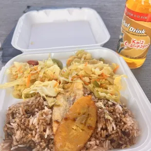 Plantain, Rice &amp; Peas with Gravy, Cabbage, and Kola Champagne