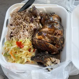 Jerk chicken with rice and beans