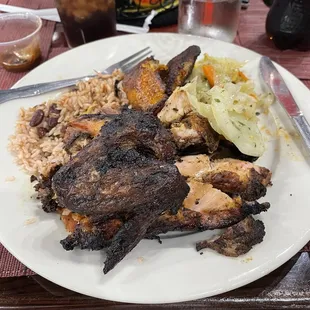 Large Jerk Chicken White Meat, Rice &amp; Peas, and Cabbage