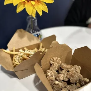 Popcorn chicken and cheese fries