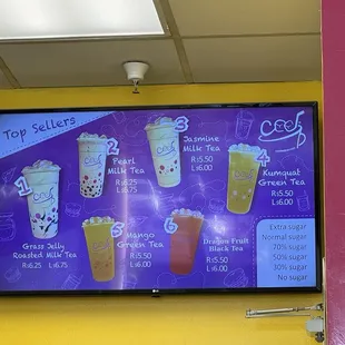 Menu 1 of 3 as of 07/26/24 - Top Sellers List and Sweetness Adjustment Options