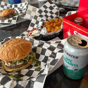 Burger and tots! Early Bird BOGO on drinks!