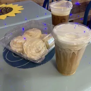 Sugar free caramel breve, iced coffee and cinnamon rolls