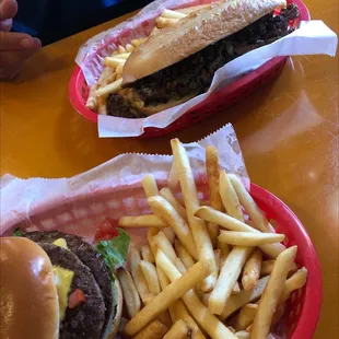 Philly cheesesteak and double cheeseburger