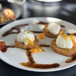 Fried Green Tomatoes w/ peaches &amp; mozzarella