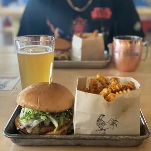 K-Town chicken sandwich with seasoned crinkle  fries and grapefruit summer ale!