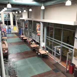 Looking down into the atrium. Basketball to the right and child watch straight ahead.