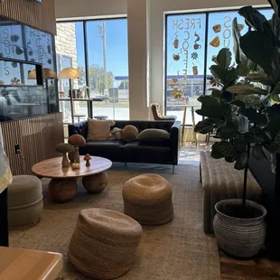 Sitting area next to electric fireplace