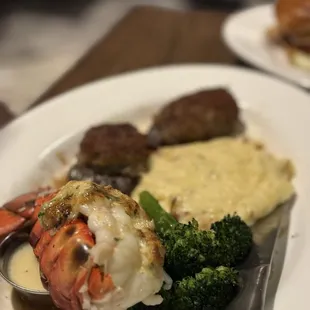 Lobster, steak, Wasabi-Buttered Mashed Potatoes, Roasted Broccolini