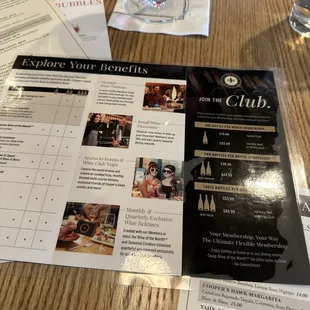 Wine club menu