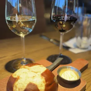 Pretzel Bread, Coopers Hawk white and Malbec