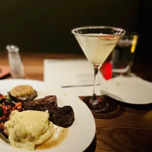 Trio of Medallions, Mary's Potatoes, and Oven-Roasted Vegetables.  (I opted for only one topped filet - Parmesan-Crusted Filet Medallion)