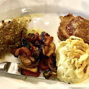 Pistachio crusted grouper and pretzel crusted pork chop