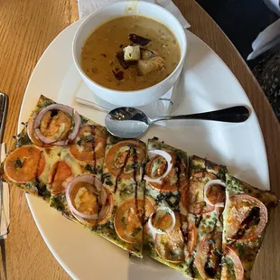 Crab, Shrimp &amp; Lobster Bisque &amp; Caprese Flatbread