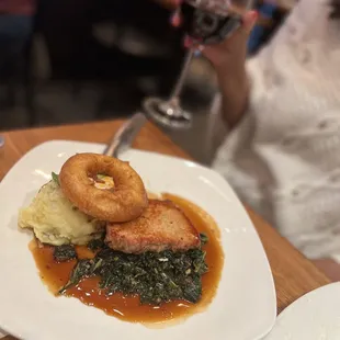 Bourbon Lacquered BBQ Pork Chop Betty 's Potatoes Tomato-Braised Kale Cooper 's Hawk Red