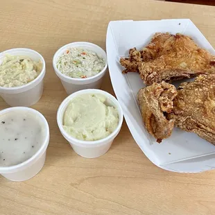 Chicken dinner with cole slaw, mustard potato salad, and mashed potatoes with gravy! Deliciousness!!!!