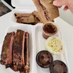 Brisket/ribs/beans/coleslaw and sauces. I can eat this every week!