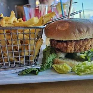 Bread fell apart on first bite.  Chicken was super tough.   Fries were excellent.