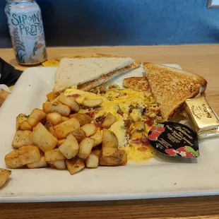 "Meat &amp; potatoes" breakfast with toast.