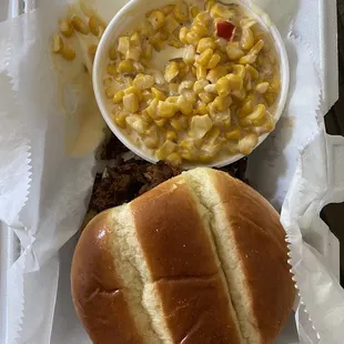 Brisket sandwich with cheese corn