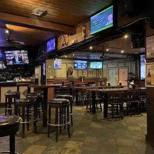 a bar with tables and stools