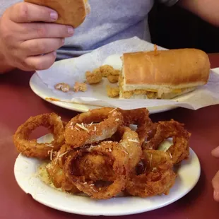 Great shrimp poboy and onion rings