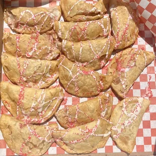 Dessert pierogies with Bavarian cream delivered in a cute pizza box