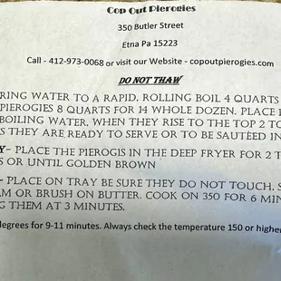 Instructions for cooking pierogies