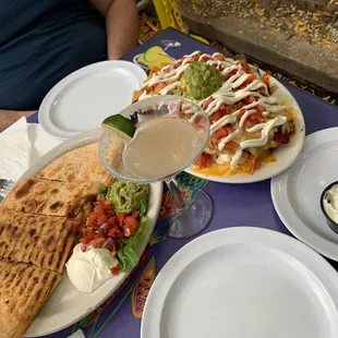 Quesadilla, nachos with beef chili