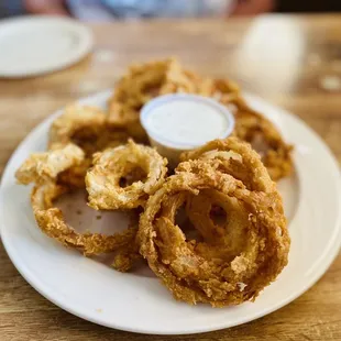 fried onion rings on a plate