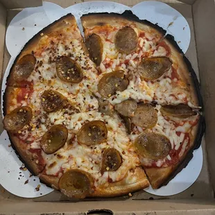 Gluten free dairy free pepperoni and Italian sausage pizza