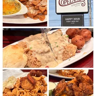 Artichoke and Spinach Dip, Catfish Acadiana, Seafood Platter and Jazzy Wings.