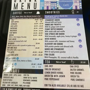 Coffees, smoothies and drinks menu