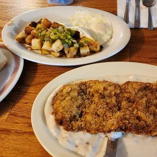 Chicken fried steak, biscuits and gravy, fried eggs and home fries. Amazing.