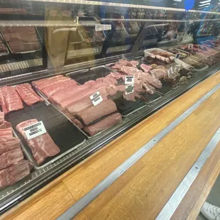 Meat counter, mostly pork in this photo.