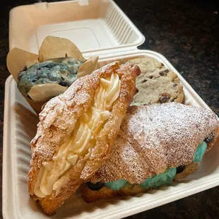 Blueberry muffin, vegan chocolate chunk cookie, marshmallow cream croissant, blueberries and cream croissant