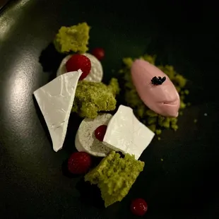 Black sesame panna cotta, matcha cake, raspberry ice cream, meringue shards