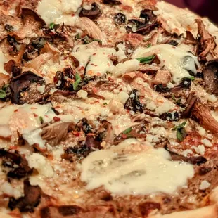 a pizza with mushrooms and cheese