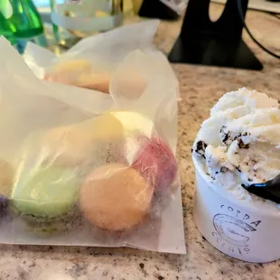 stracciatella gelato and assortment  of macaroons