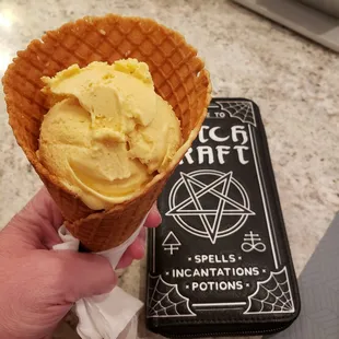Pumpkin Spice in a waffle cone.