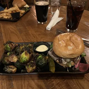 Bacon Jam Burger with Garlic Aioli on side with the famous Brussel Sprouts