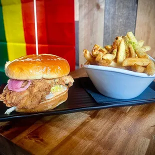 a chicken sandwich and fries
