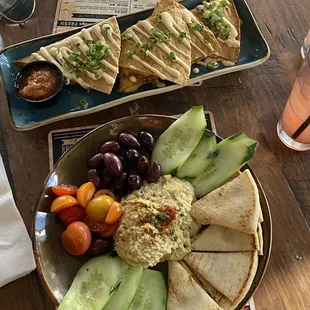 Hummus plate and chicken quesadilla