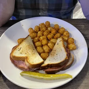 Grilled Ham and Cheese with cheddar and tots
