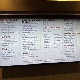 a menu on the wall