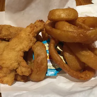 Chicken tenders and onion rings
