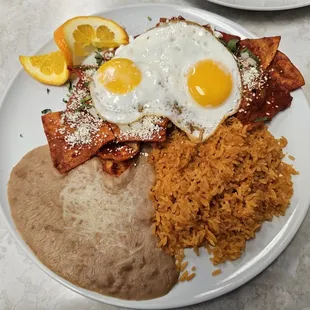 Mi Rancho (chilaquiles with red sauce, 2 eggs, beans and rice)