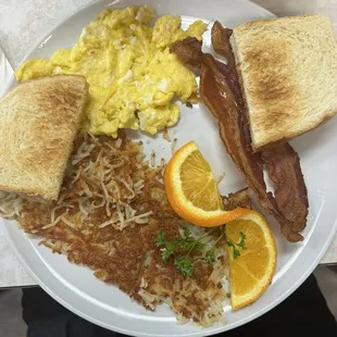 Eggs bacon hasborwn toast