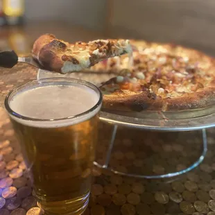 a beer and a pizza